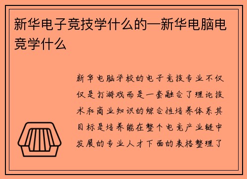 新华电子竞技学什么的—新华电脑电竞学什么